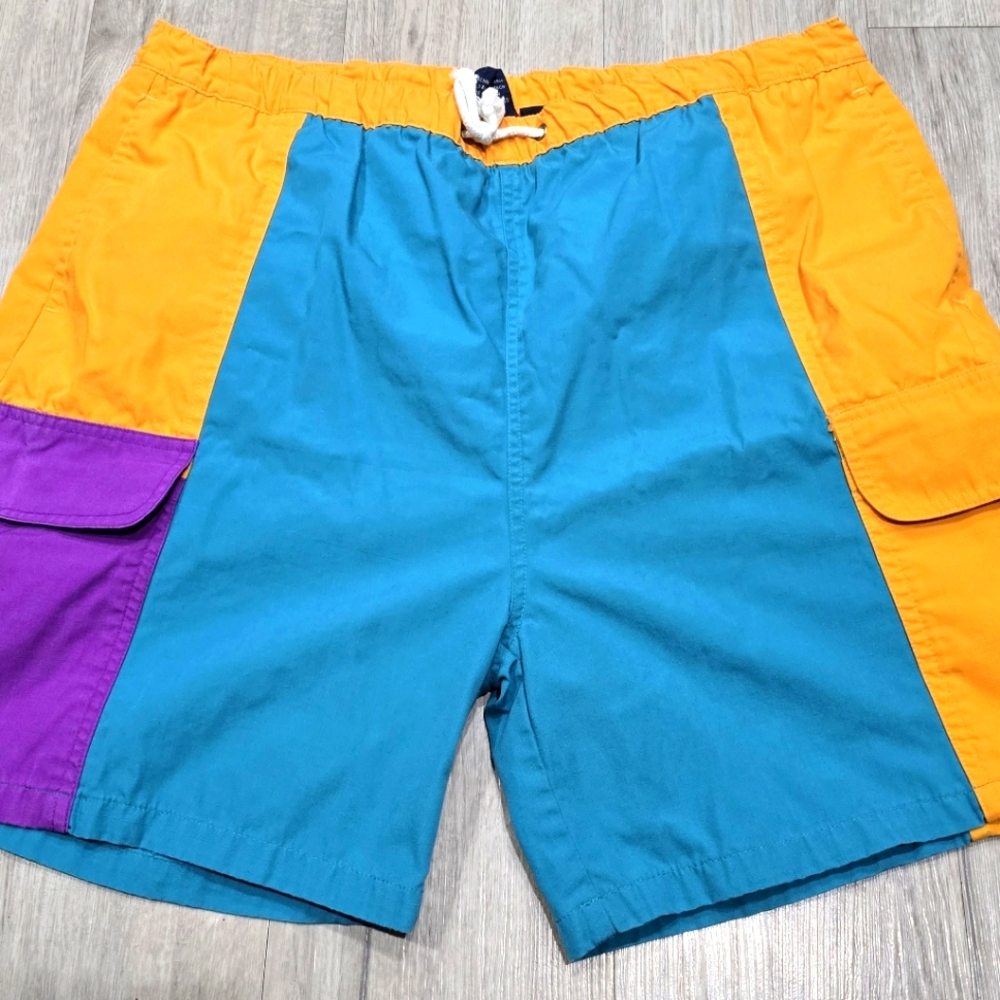 Vtg 80s Mens Swim Trunks Sz L Colorblock Purple Blue Orange Priority Male